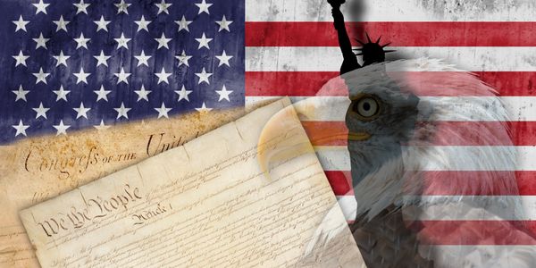 A collage of american flags, an eagle and the declaration of independence.